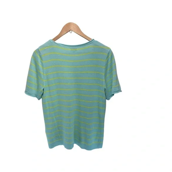 J.Crew Linen Blend Striped Sweater Top Sz M Green Yellow V-Neck Short Sleeve - Picture 3 of 9